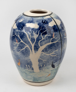 ARTIST UNKNOWN blue glazed pottery vase with sgraffito and hand-painted landscape decoration adorned with birds, 29cm high