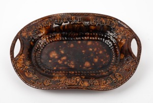 LITHGOW antique pottery bread plate with brown mottled glaze, 19th/20th century, impressed kangaroo mark to base, 35.5cm wide