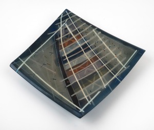 PIPPIN DRYSDALE square form pottery platter with hand-painted and incised decoration, signed "Pippin Drysdale, Fremantle, W.A., Nov. '86", 32cm wide