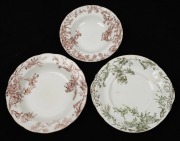 DOULTON BURSLEM "Wattle" pattern serving dish and two assorted bowls, 19th century, (3 items), factory marks to bases, the green example 26cm wide
