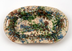 LITHGOW pottery bread platter with rare mottled green and blue glaze on cream ground, 19th/20th century, impressed circular kangaroo mark to base, 36cm wide.