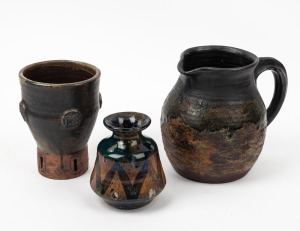 GUS McLAREN pottery beaker; together with a pottery jug and vase, both signed "Beck", (3 items), the largest 16cm high