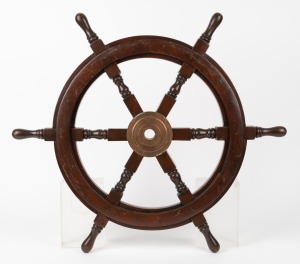 A vintage boat steering wheel, constructed from turned timber and brass, 20th century, 63cm across