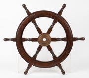 A vintage boat steering wheel, constructed from turned timber and brass, 20th century, 63cm across