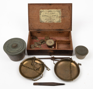 Antique gold scales in oak case with a handsome selection of cup and dram weights, 19th century, the case 19cm wide