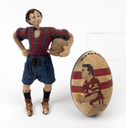 ILLAWARRA STEELERS Australian folk art hand-painted emu egg; together with a vintage hand-made felt football (soccer) figure, 20th century, (2 items), 13cm and 23cm high