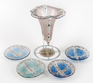 PETER CRISP Australian art glass vase and four assorted glass dishes, (5 items), the vase 18.5cm high