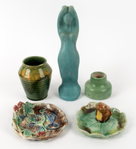 Five pieces of Australian pottery, comprising of a green glazed statue, two vases, a frog dish and hand-made dish with applied decoration, artists include FLORENZ and ALISON SYME, the statue 24cm high