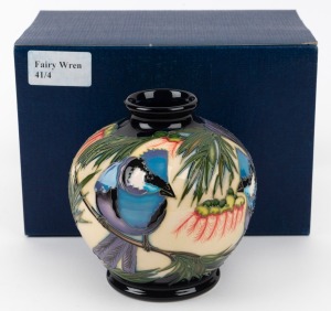 212 · MOORCROFT "Fairy Wren" English pottery vase on black and cream ground, in original box of issue, circa 2004, impressed factory mark and artist details to base, 11cm high