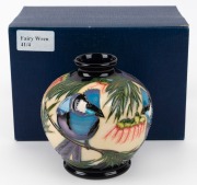 MOORCROFT "Fairy Wren" English pottery vase on black and cream ground, in original box of issue, circa 2004, impressed factory mark and artist details to base, 11cm high