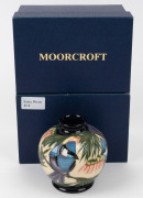 MOORCROFT "Fairy Wren" English pottery vase on black and cream ground, in original box of issue, circa 2004, impressed factory mark and artist details to base, 11cm high - 2