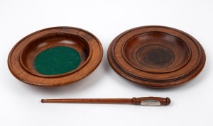 Two antique Australian blackwood church collection plates; together with a Masonic blackwood and silver choir master's baton, 19th/20th century, (3 items), the baton 29.5cm long
