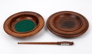 Two antique Australian blackwood church collection plates; together with a Masonic blackwood and silver choir master's baton, 19th/20th century, (3 items), the baton 29.5cm long