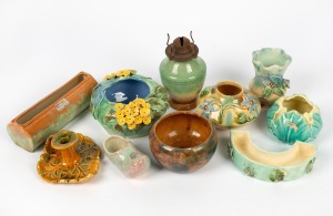Assorted group of vases, candle holder, oil lamp, flower troughs etc., including MASHMAN, DELAMERE, PATES and others, (10 items), the largest 18cm high