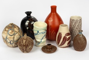 Eight assorted pottery vases; together with a pottery candle holder, Australian and Papua New Guinea origin including Tiwi Islands, (9 items), the largest 29cm high