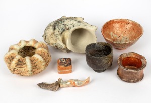 Studio pottery bowls, vases, oyster shell spoon and lidded box, makers include SIMONE FRASER, JANET MANSFIELD and others, (7 items), the largest 24cm high