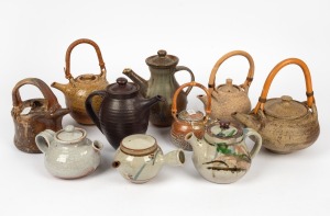 Ten assorted Australian studio pottery teapots, various makers, the largest 27cm high including handle