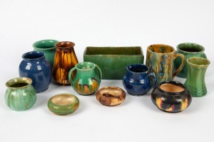 JOHN CAMPBELL and McHUGH pottery vases, bowls and flower trough, (13 items) ​​​​​​​the trough 20cm wide.