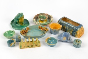 Assorted pottery dishes, toast rack, condiments, frog ornament, etc, makers include ERIC BRYCE CARTER, LYNDAL and CASTLE HARRIS, (12 items), the largest 21cm wide.