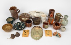 Pottery jugs, vases, tea ware, gumnut ornaments, face plaques etc., including examples by CHESTER NEALIE and JANET MANSFIELD, (23 items), the largest 16.5cm high