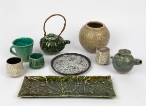 Pottery teapots, vase, mug, dishes and beakers, including JOHN DERMER, (9 items), the largest dish 38cm wide