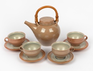 GWYN HANSSEN PIGOTT pottery teapot with four assorted teacups and saucers, (9 items), impressed circular marks, the teapot 22cm high