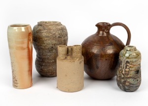 Five assorted Australian art pottery brown glazed vases, the largest 25cm high