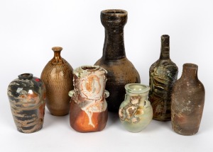 Seven assorted Australian studio pottery vases, including ANDREW HALFORD and ROBERT BARRON, the largest 35cm high