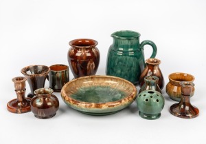 REGAL MASHMAN, pottery vases, candlesticks, jug and bowl, (11 items), the bowl 26cm diameter.