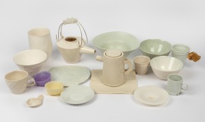 Assorted Australian white porcelain and celadon glazed tea ware, bowls, dishes, etc, including some glass, (17 items), the teapot 21cm high.