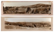 [TASMANIAN INTEREST] Two antique albumen black and white panoramic photographs, one depicting apple orchards and the other of a coastal stud farm with orchards, both mounted on card, ​​​​​​​sheet size 24 x 100cm each