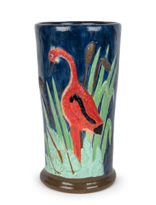 JOHN CAMPBELL pottery umbrella stand with unusual painted finish, incised "John Campbell, Tasmania". 43cm high.