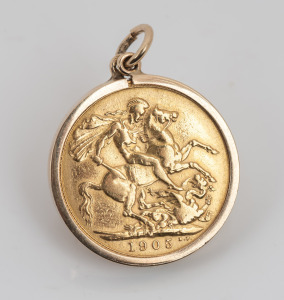 A 1905 Melbourne mint gold sovereign, mounted in gold as a pendant, ​​​​​​​9 grams total including mount.