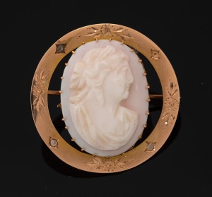 An antique Colonial 9ct gold and diamond cameo brooch, most likely South Australian origin, circa 1870, stamped "9ct" flanked by two crowns, 4cm wide, 8.7 grams total.