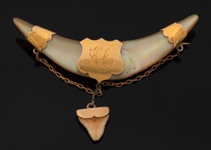 An antique 15ct gold and mother of pearl brooch with shark tooth pendant drop, circa 1875, stamped "15ct", ​​​​​​​7cm wide, 7.6 grams total.