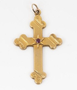 WILLIAM DRUMMOND of Melbourne antique 9ct gold cross pendant, set with a red stone, 19th/20th century, 4.5cm high, 1.9 grams.