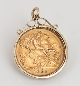 A 1905 half sovereign mounted in 9ct yellow gold as a pendant, ​​​​​​​4.7 grams total.
