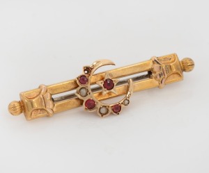 ARONSON of Melbourne antique 9ct gold, seed pearl and red stone brooch, 19th/20th century, 5cm wide, 3.2 grams.