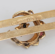 ARONSON of Melbourne antique 9ct gold, seed pearl and red stone brooch, 19th/20th century, 5cm wide, 3.2 grams. - 2
