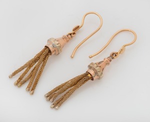 A pair of antique 15ct two-tone gold tassel earrings, circa 1885, Note: later 9ct gold wire loops, 5cm high, 4.7 grams total.
