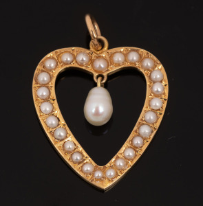 EDWARD SHAFER antique 18ct gold heart shaped pendant set with pearls, stamped "E.S. 18ct", ​​​​​​​3cm high, 4 grams.
