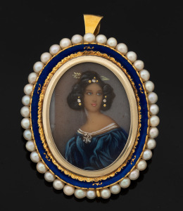 A fine quality antique miniature hand-painted portrait of a lady, housed in an 18ct gold and blue enamel pendant/brooch mount adorned with seed pearls, 19th/20th century, ​​​​​​​5cm high overall, 12.3 grams total.