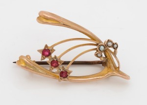 ARONSON of Melbourne rare "Halley's Comet" 9ct gold wishbone brooch with seed pearls and red stones, early 20th century, ​​​​​​​3.5cm wide, 2.4 grams.