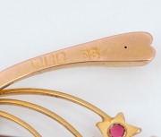 ARONSON of Melbourne rare "Halley's Comet" 9ct gold wishbone brooch with seed pearls and red stones, early 20th century, ​​​​​​​3.5cm wide, 2.4 grams. - 2