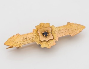 An antique Australian 9ct gold and sapphire brooch, 19th century, stamped with rare pictorial falcon mark, ​​​​​​​4.5cm wide, 2.3 grams.