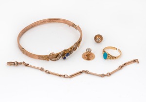 WILLIS & SONS of Melbourne antique 9ct gold bangle (6 grams), set with seed pearls and blue stones (missing one pearl), together with a 15ct gold and turquoise ring (cut, 1.8 grams), a 9ct rose gold length of chain with one clip (4.5 grams), and two anti