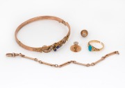 WILLIS & SONS of Melbourne antique 9ct gold bangle (6 grams), set with seed pearls and blue stones (missing one pearl), together with a 15ct gold and turquoise ring (cut, 1.8 grams), a 9ct rose gold length of chain with one clip (4.5 grams), and two anti