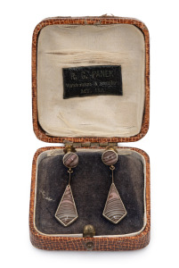 R.G. PANEK of Mt Isa, rare banded agate earrings mounted in yellow gold and housed in original branded box, ​​​​​​​3.5cm long.