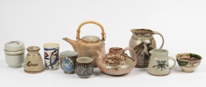 AUSTRALIAN STUDIO POTTERY: Teapots, jugs, tea bowls, lidded jar and mug, makers include Shigeo Shiga, Harold Hughan, Les Blakebrough, Janet Mansfield and others, (ten items), the largest 20cm high including handle