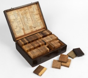TIMBER SPECIMENS: Housed in timber box with hand-written key listing the names of the samples, each block stamped with a corresponding number, 20th century, the box 25cm wide
